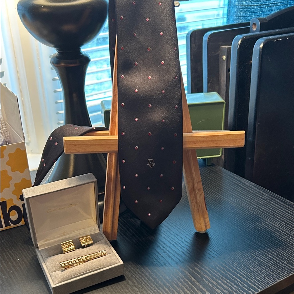 Christian Dior cuff links, tie bar and tie set.